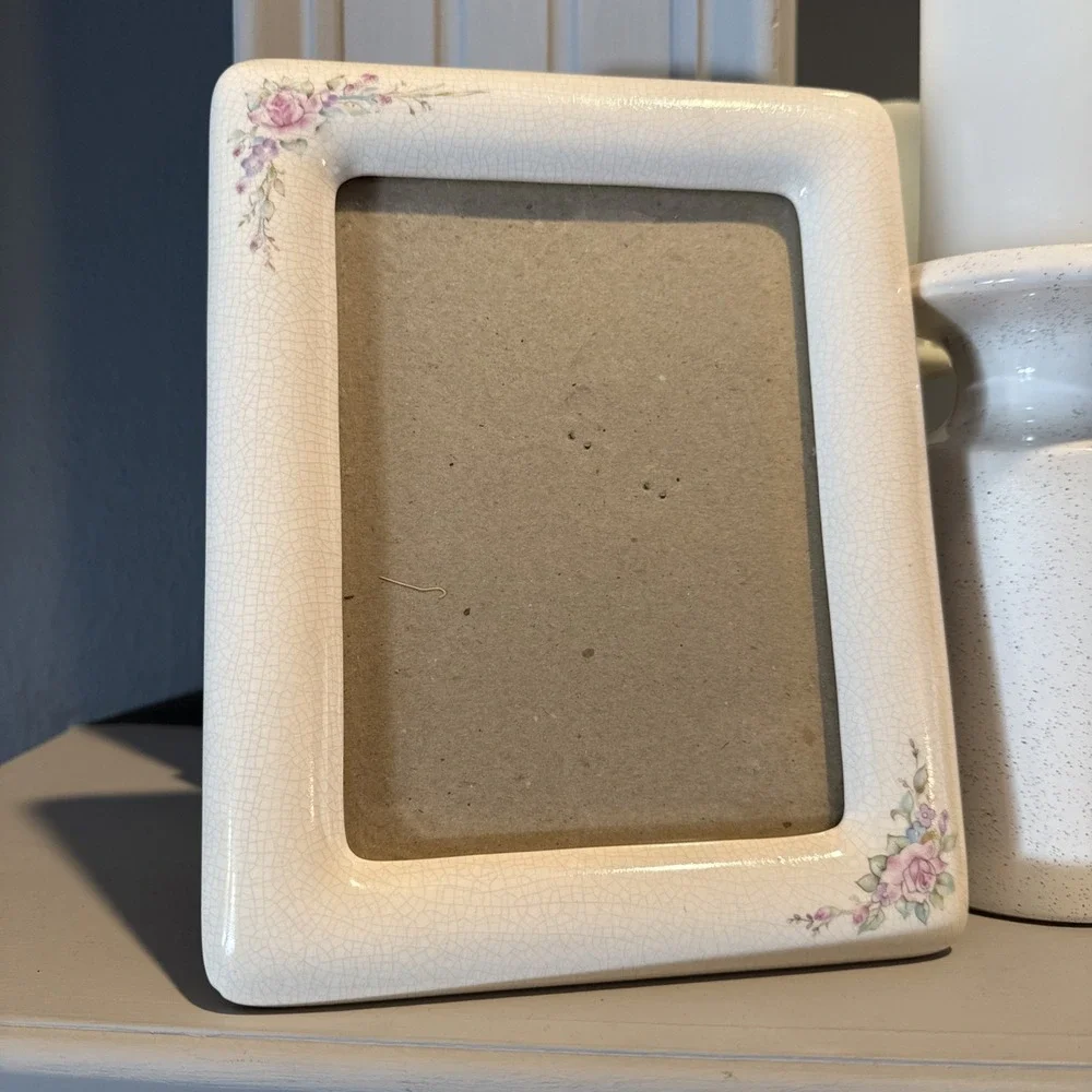 Burnes of Boston Porcelain Off White And Pink Flowers‎ 5x7 Photo Frame Vintage